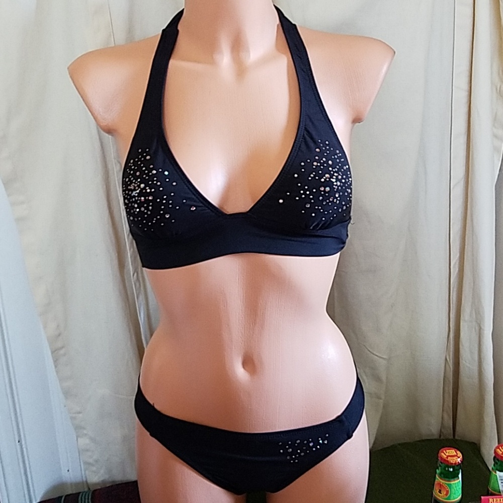 Vintage Guess BLACK BLING Rhinestones HALTER SWIM BIKINI XS/S